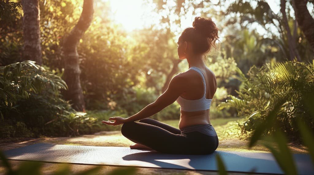 Person meditiert in einem sonnenbeschienenen Garten auf einer Yogamatte, umgeben von üppigem Grün.